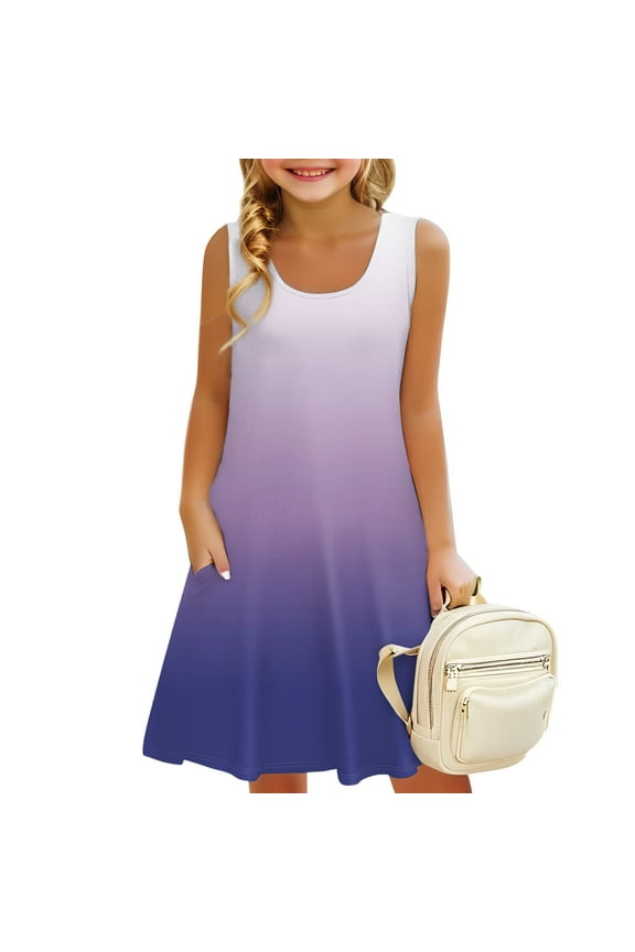 Girls Sleeveless Summer Dress Kids Tie Dye Casual Crewneck Loose Beach Short Dresses with Pockets 3-14 Years Vermilion 150