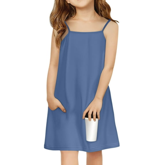 Lumtrix Girls Summer Cami Solid Color Sleeveless Sundress with Straps,Vintage Boho Backless Party Dress with Pocket Dark Blue 7-8 Years