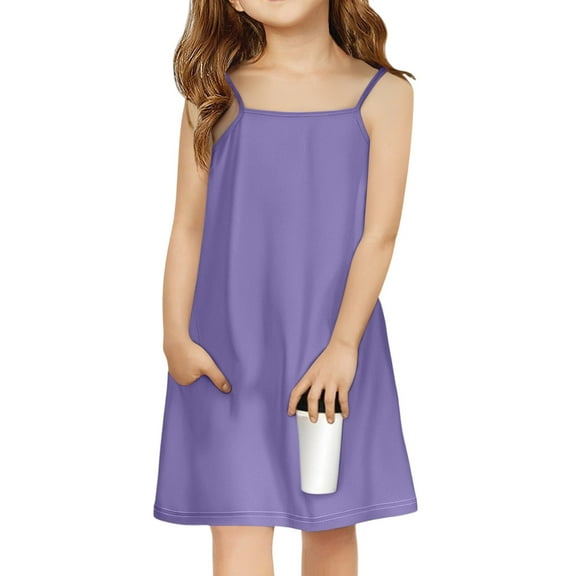 Lumtrix Girls Summer Cami Solid Color Sleeveless Sundress with Straps,Vintage Boho Backless Party Dress with Pocket Purple 11-12 Years