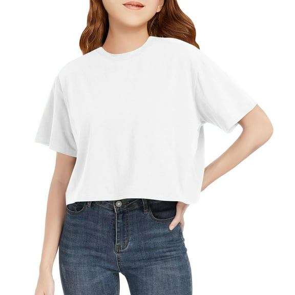 Lumtrix Girls Summer Crop Tops Kids Fashion Oversized Crew Neck Cropped Short Sleeve T Shirts Basic Tees Size 2-14 Years White 160