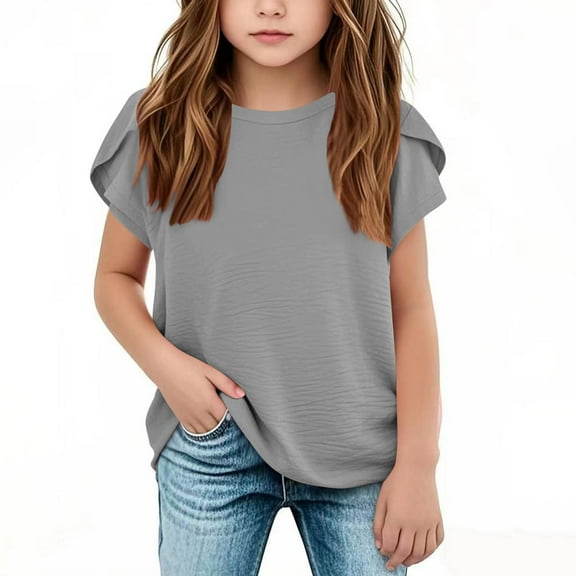 Lumtrix Girls Summer Linen Short Puff Sleeve T Shirts Layered Ruffle Casual Crewneck Blouses for 3-14 Years Light Gray 130