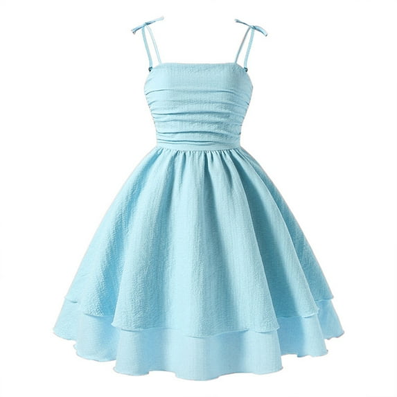 Lumtrix Girls Summer Spaghetti Strap Dresses Flowy Tiered Ruched Smocked Back Casual Beach Sundress for 2-14 Y Light Blue 130