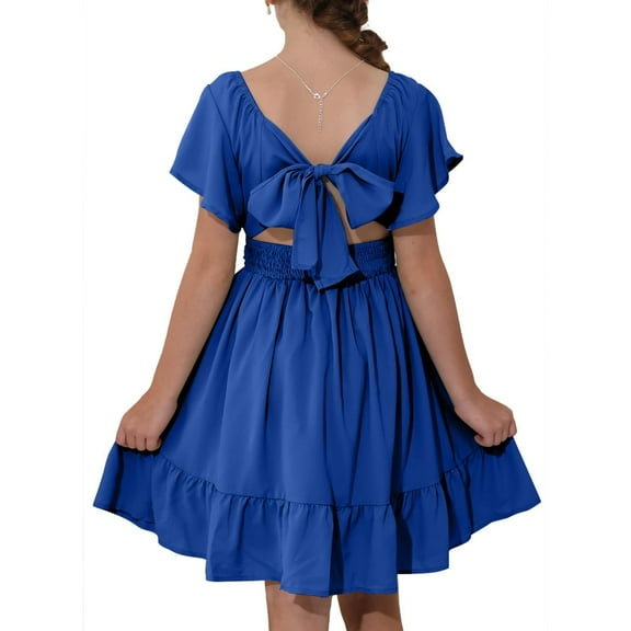 Lumtrix Girls Summer Tie Back Dress Elegant Ruffle Short Sleeve Kids Off Shoulder Dresses Size 3-14 Years Blue 140
