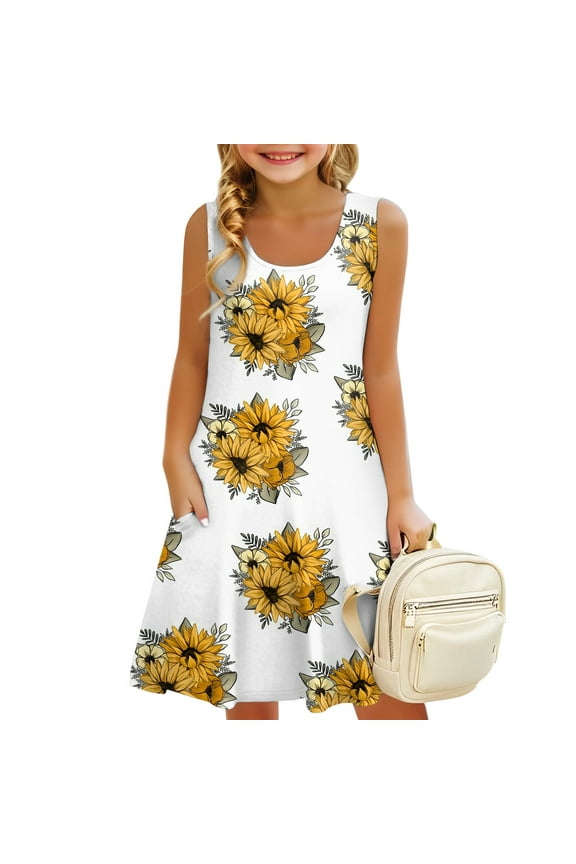 Girls Sunflower Graphic Dress Summer Boho Sleeveless A-Line Casual Beach Sundress with Pockets for 2-14 Years Dark Purple 150