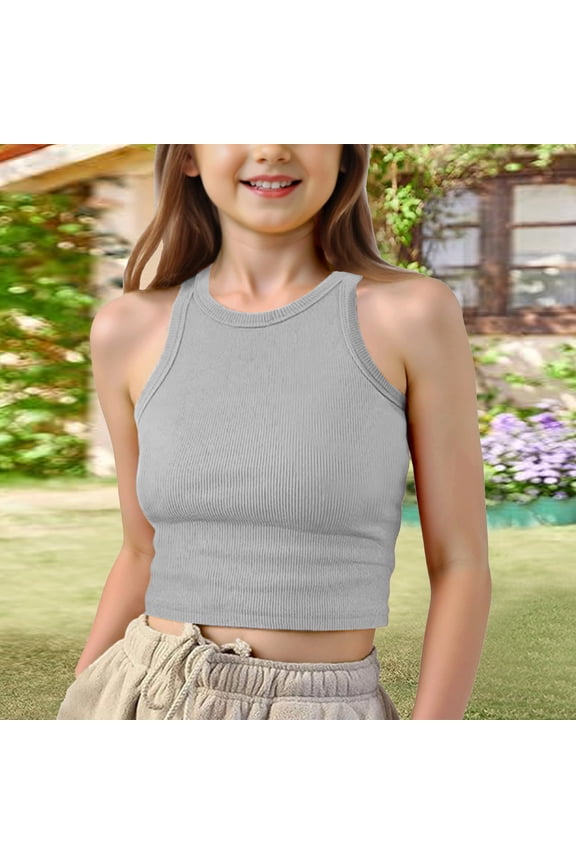 Girls Tank Tops Athletic Tank Ribbed Knit High Neck Shirts Casual Basic Crop Tops For Gym Yoga Light Gray 140