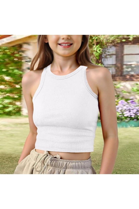 Girls Tank Tops Athletic Tank Ribbed Knit High Neck Shirts Casual Basic Crop Tops For Gym Yoga White 140