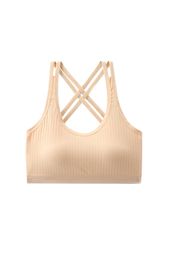 Girls Training Bra Scoop Neck Seamless Stretchy Back Crisscross Ribbed Crop Undershirt Fitness Yoga Sports Dance Bras Beige One Size