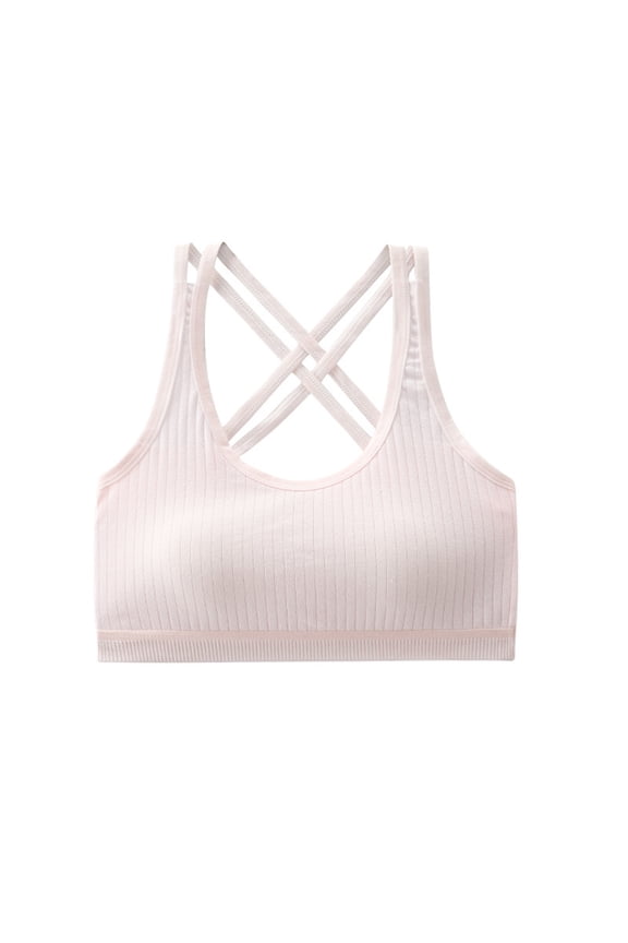 Girls Training Bra Scoop Neck Seamless Stretchy Back Crisscross Ribbed Crop Undershirt Fitness Yoga Sports Dance Bras Pink One Size