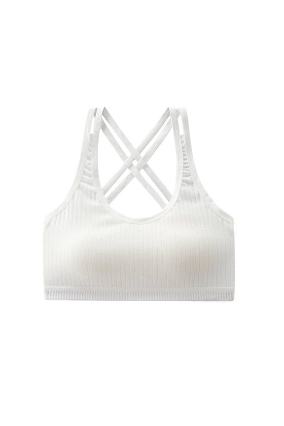 Girls Training Bra Scoop Neck Seamless Stretchy Back Crisscross Ribbed Crop Undershirt Fitness Yoga Sports Dance Bras White One Size