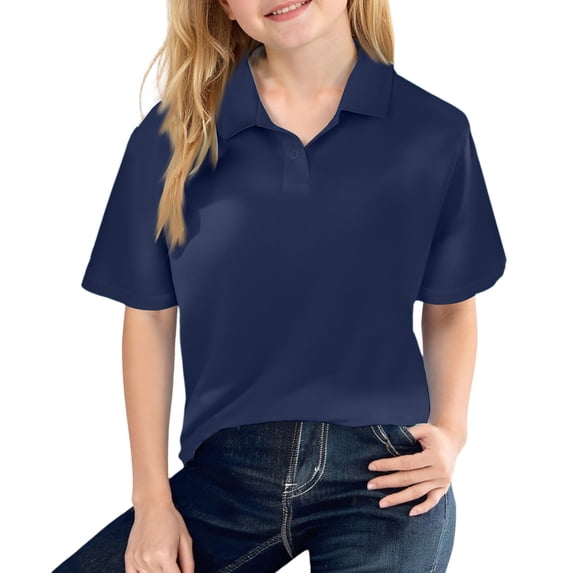 Lumtrix Girls Uniform Shirts Fashion Short Sleeve Collar Polo Shirts Button Down Cute Spring Summer Active Tops School UniformNavy 130