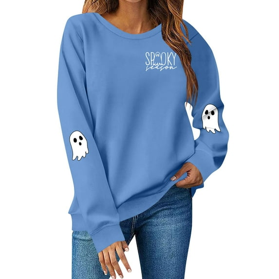 Lumtrix Halloween Long Sleeve Crewneck Sweatshirt Women Pumpkin Halloween Shirt Cute Ghost Letter Pullover Spooky Season Party Tops Blue XL