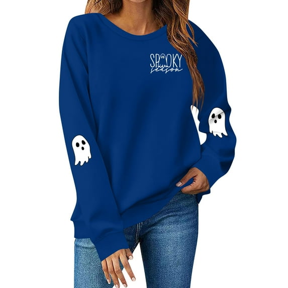 Lumtrix Halloween Long Sleeve Crewneck Sweatshirt Women Pumpkin Halloween Shirt Cute Ghost Letter Pullover Spooky Season Party Tops Dark Blue S