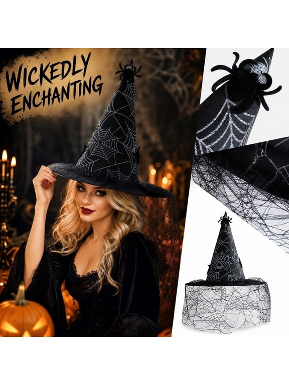 Lumtrix Halloween Witch Hat for Adult Womens Fringed Lace Pointed Hat for Theme Party Family Black One Size