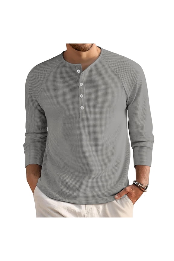 Henley Long Sleeve Shirts for Men Waffle Knitted Fashion Casual Tee Shirt 4-Button Pullover Top Gray L