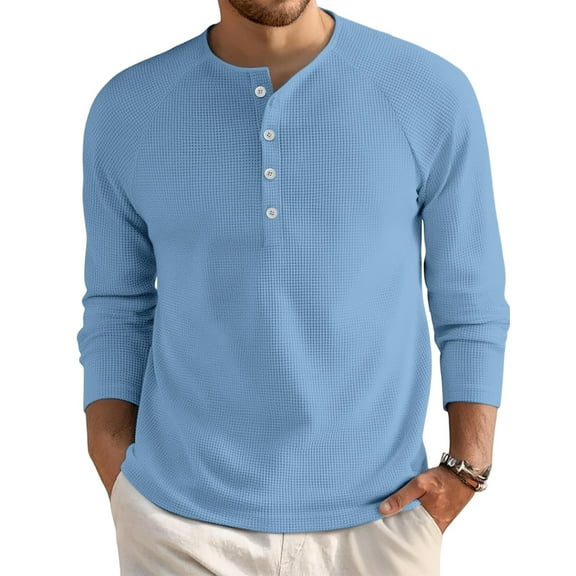 Lumtrix Henley Long Sleeve Shirts for Men Waffle Knitted Fashion Casual Tee Shirt 4-Button Pullover Top Light Blue XL