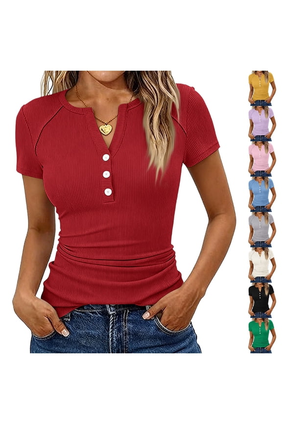 Henley Shirts for Women 2026 Summer Short Sleeve Tops V Neck Basic Tees Slim Fitted Ribbed Work Shirts Red M