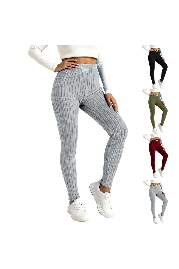High Waisted Yoga Leggings for Women Elastic Waist Ribbed Knit Casual Long Pants Tights Soft Warm Lounge Pants Wine M