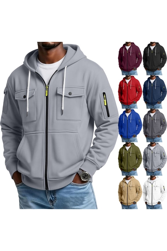 Hoodies For Men Fall Winter Cargo Hooded Sweatshirt Casual Workout Athletic Jacket with Pockets Red S