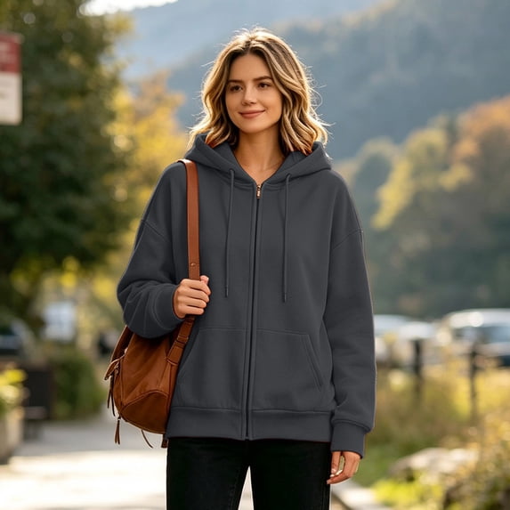 Lumtrix Hoodies For Women Zip Up Oversized Sweatshirt Fall Winter Casual Zipper Lightweight Cute Track Jackets With Pockets Dark Gray S