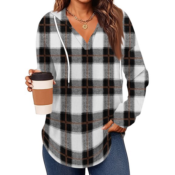 Lumtrix Hoodies for Women Long Sleeve Shirts Fall Clothes 2025 Tops Vneck Sweatshirts Winter Fashion Clothing Plaid V Neck Trendy Pullover Light Gray S