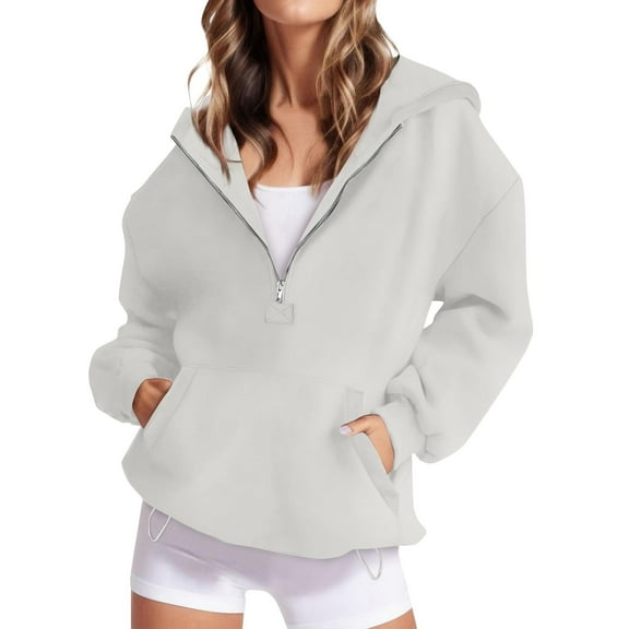 Lumtrix Hoodies for Women Soft Fleece Half Zip Up Hoodie Long Sleeve Casual Pullover Oversized Sweatshirt Hooded Tops Light Gray M