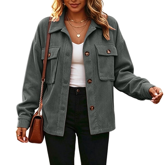 Lumtrix Jackets For Women Cropped Fashion Corduroy Button Down Coats, Long Sleeve Shacket Lapel Collar Lightweight Fall Fashion Jackets Dark Gray M