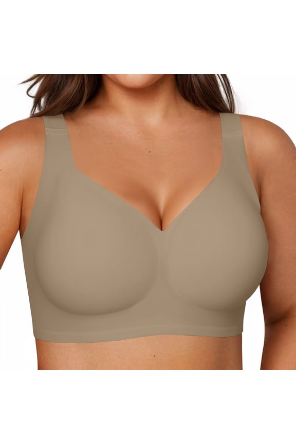 Jelly Bras For Women Plus Size Soft Wireless Push Up Bra Full Supportive Older Lift Back Coverage Bralette Khaki 2X-Large