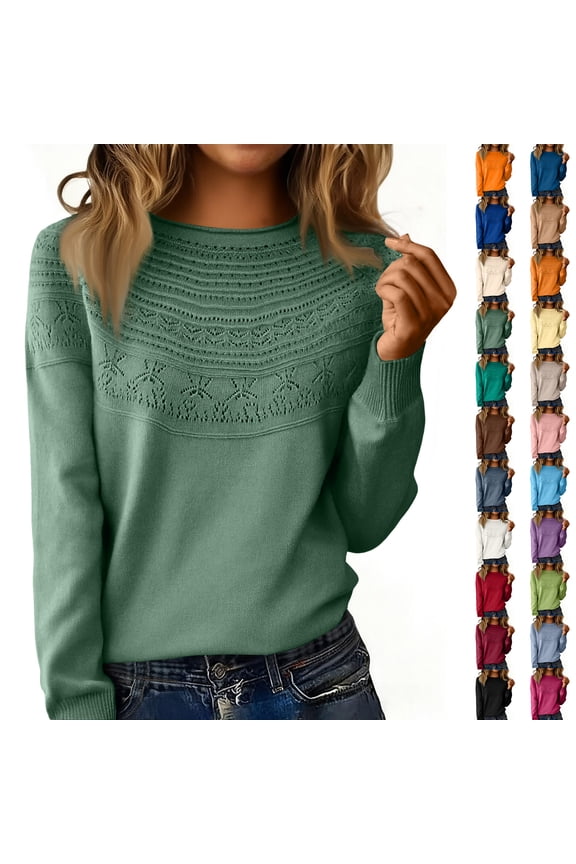Knit Sweater for Women Long Sleeve Crew Neck Cute Sweaters Dressy Causal Loose Warm Soft Cozy Hollow Tunic Fall Winter Crochet Pullover Camel L
