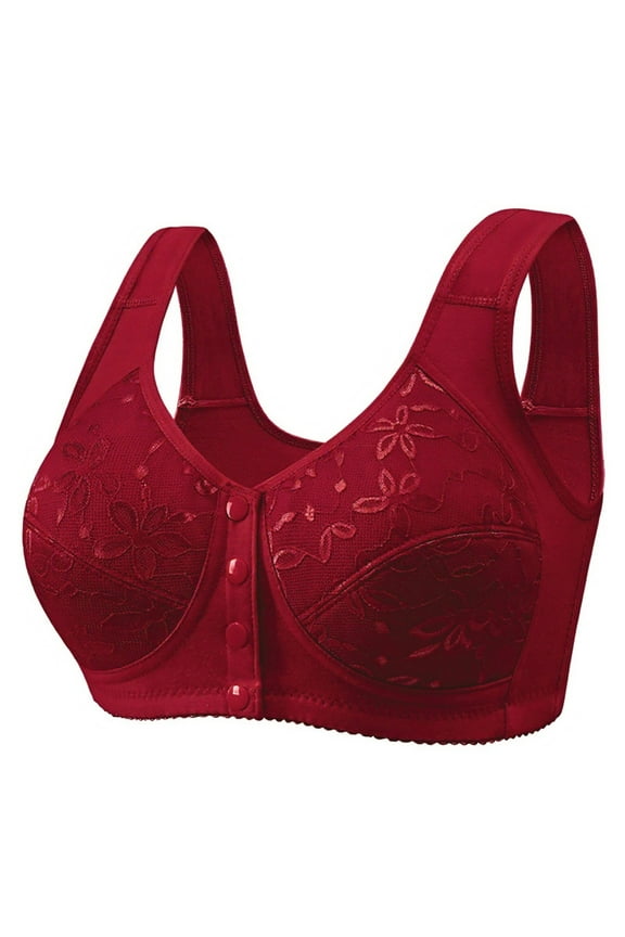 Lace Bras for Older Women Front Closure Convenient Everyday Bras Button Down Comfortable No Underwire Gathering Bras Deep Red 40