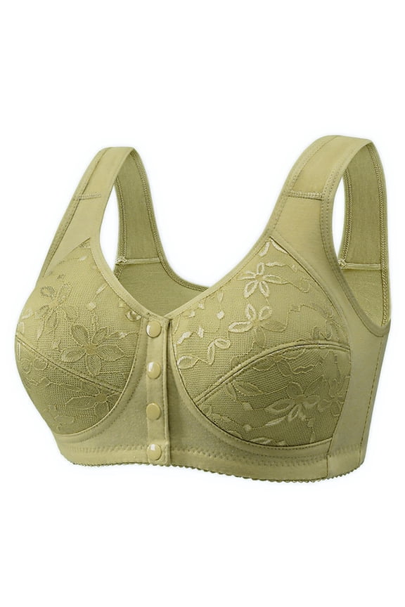 Lace Bras for Older Women Front Closure Convenient Everyday Bras Button Down Comfortable No Underwire Gathering Bras Green 32