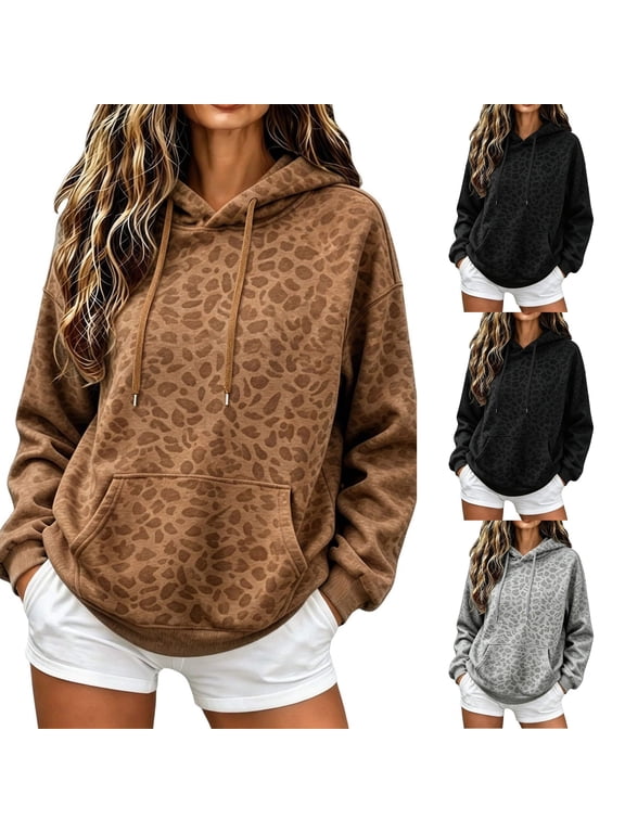 Leopard Print Hoodie For Women Oversized Fleece Pullover Hoodies Graphic Fall Sweatshirts With Pockets Brown L