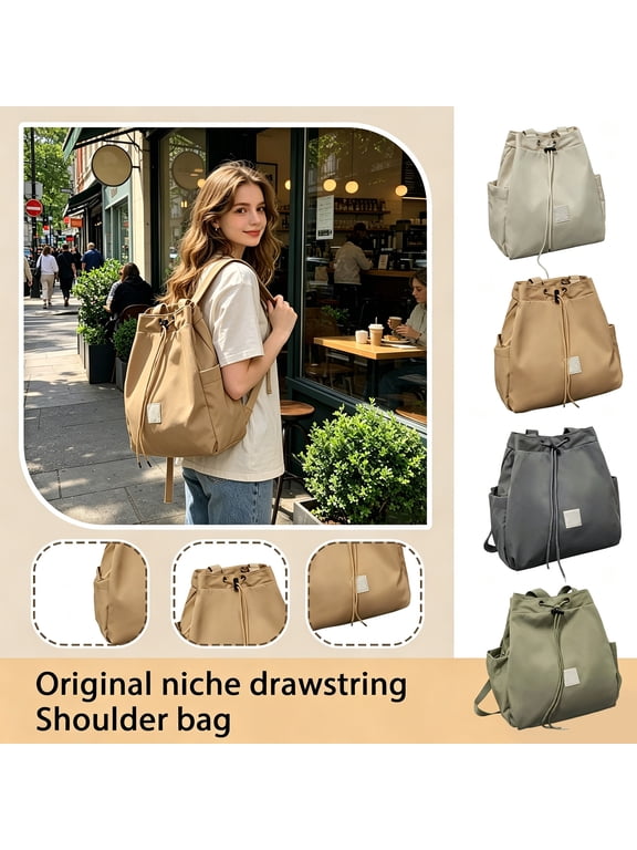 Lightweight Drawstring Backpack For Women - Waterproof Nylon Gym Sackpack With Side Pockets For Teen, High College, Travel & Yoga Khaki