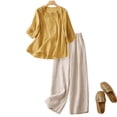 thumbnail image 1 of Lumtrix Linen 2 Piece Set for Women Summer 3/4 Sleeve Embroidered Tops Wide Leg Pant with Pockets Sets Lounge Vacation Outfits Yellow 2XL, 1 of 4