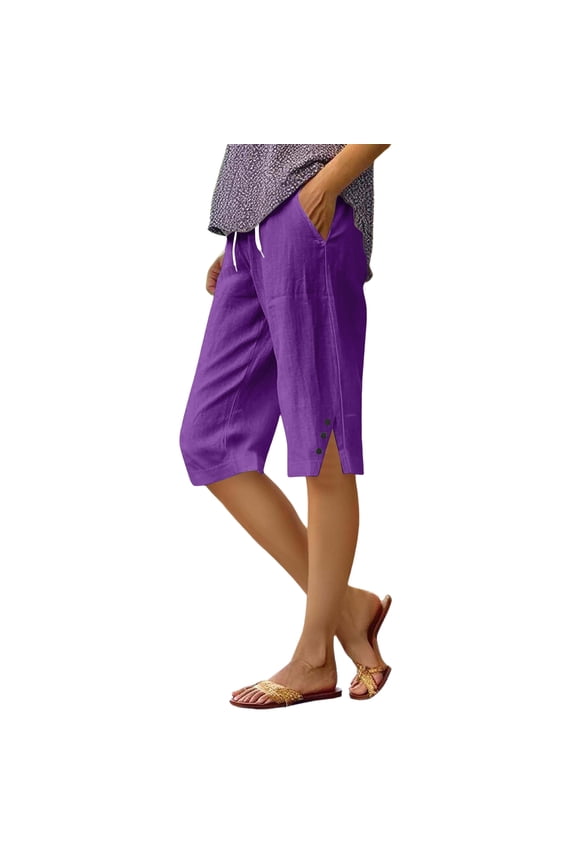 Linen Bermuda Shorts For Women Wide Leg Knee Length Summer Casual Elastic Waisted Side Split Button Shorts With Pockets Purple 4XL