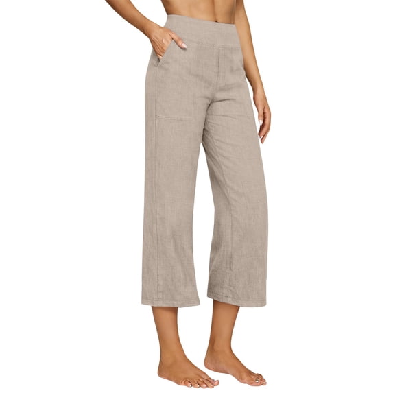 Lumtrix Linen Capri Pants For Women Wide Leg Capris Pant Spring Summer Boho Dressy Casual Elastic Waist Beach Trousers With Pocket Beige S