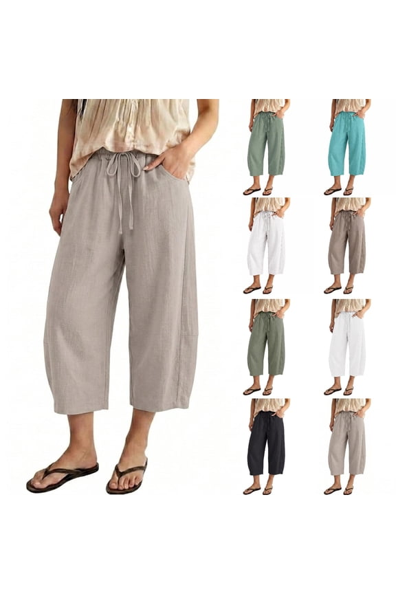Linen Cropped Pants Women Summer Drawstring Wide Leg Casual Pants Baggy Flowy Palazzo Beach Gauze Trousers With Pockets Beige L