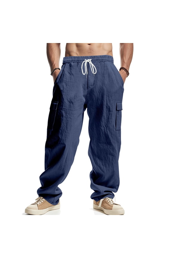 Linen Pants Men Casual Loose Fit Beach Pants Spring Summer Elastic Waist Drawstring Linen Cargo Trousers With Pockets Navy L