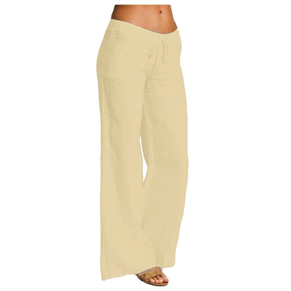 Lumtrix Linen Pants Women Drawstring Wide Leg Trousers Straight Casual Pleated Pants Cotton Summer Lounge Pant With Pockets Earthy Yellow 3XL