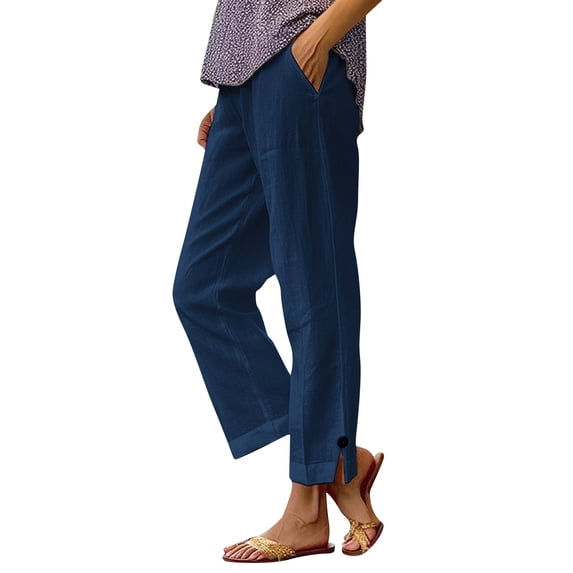 Lumtrix Linen Pants Women Petite Straight Leg Summer Beach Cotton Linen Wide Leg Lounge Pants High Waisted Casual Plus Size Trousers Navy M