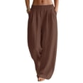 thumbnail image 1 of Lumtrix Linen Pants Women Wide Leg Palazzo Pants Flowy Elastic Waist Summer Beach Trebdy Casual Trousers With Pockets Brown XL, 1 of 5