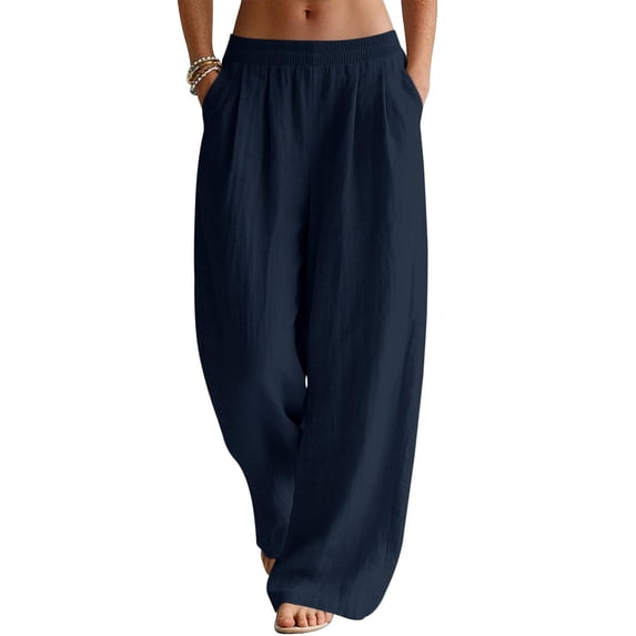 Lumtrix Linen Pants Women Wide Leg Palazzo Pants Flowy Elastic Waist Summer Beach Trebdy Casual Trousers With Pockets Navy S
