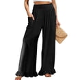 thumbnail image 1 of Lumtrix Linen Pants Women Wide Leg Ruffle Hem Palazzo Pants Elastic High Waisted Flowy Beach Vacation Trousers with Pockets Black S, 1 of 5