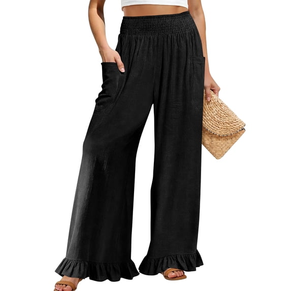 Lumtrix Linen Pants Women Wide Leg Ruffle Hem Palazzo Pants Elastic High Waisted Flowy Beach Vacation Trousers with Pockets Black S