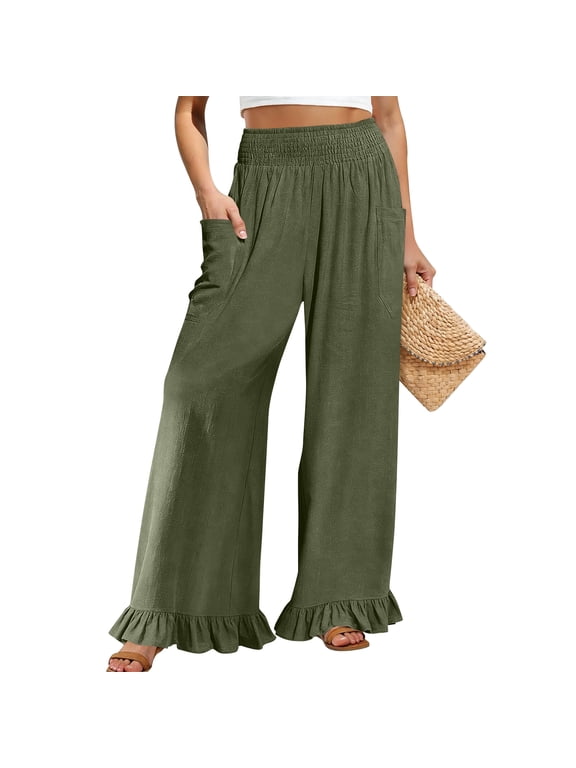 Linen Pants Women Wide Leg Ruffle Hem Palazzo Pants Elastic High Waisted Flowy Beach Vacation Trousers with Pockets Green M