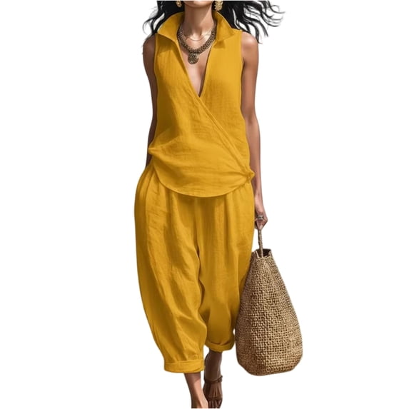 Lumtrix Linen Sets For Women 2 Piece Sleeveless Deep V N Eck Tops & Wide Leg Capris Lounge Sets Summer Vacation Travel Outfits Yellow M