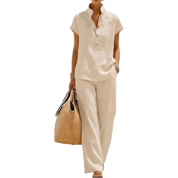 Lumtrix Linen Sets For Women 2 Piece Summer Dressy Casual Cap Sleeve V Neck Button Down Shirts Matching Loose Wide Leg Pants Khaki S