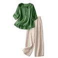 thumbnail image 1 of Lumtrix Linen Sets for Women 2 Piece Casual Summer 3/4 Sleeve Shirts Wide Leg Pants with Pockets Work Suits Lounge Outfits Green 2XL, 1 of 4