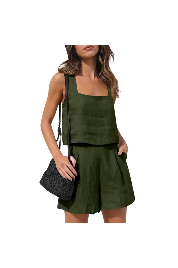 Linen Short Sets For Women 2 Piece Square Neck Sleeveless Tops And Shorts Matching Set Boho Summer Travel Vacation Outfits Army Green S