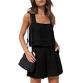 thumbnail image 1 of Lumtrix Linen Short Sets For Women 2 Piece Square Neck Sleeveless Tops And Shorts Matching Set Boho Summer Travel Vacation Outfits Black 2XL, 1 of 7