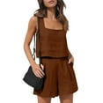 thumbnail image 1 of Lumtrix Linen Short Sets For Women 2 Piece Square Neck Sleeveless Tops And Shorts Matching Set Boho Summer Travel Vacation Outfits Camel L, 1 of 7